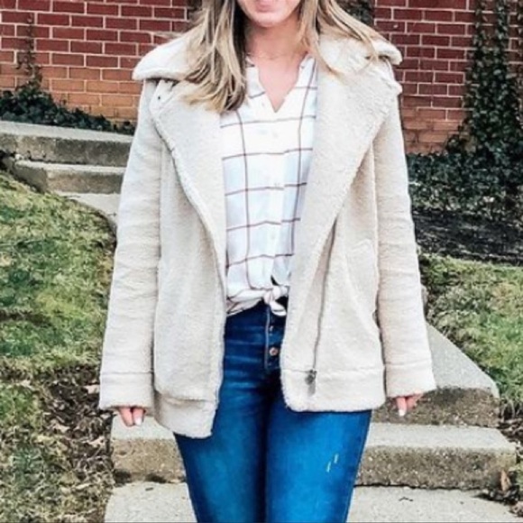 Loft Faux Shearling Aviator Moto Coat Jacket Grey Sand Heavy Weight Buckle XL - Picture 12 of 12